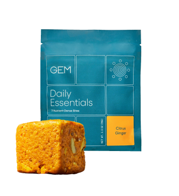 One 7 Bite pack of GEM Citrus Ginger Daily Essentials nutrient-dense multivitamin Bites featuring one of the Bites placed in front of the pack.