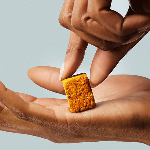 Woman's hands holding a GEM Citrus Ginger Daily Essentials nutrient-dense multivitamin Bite.